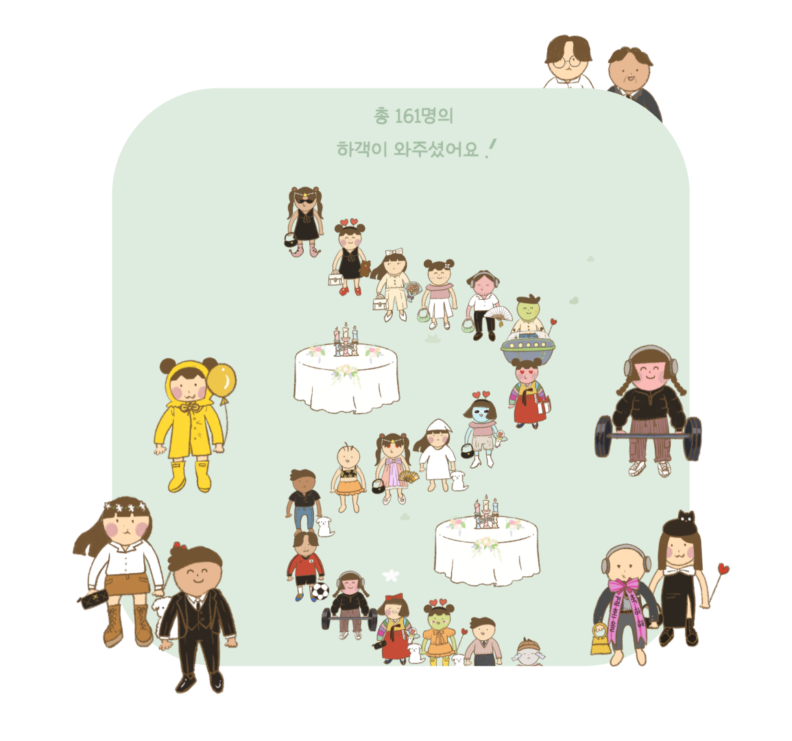 총 161명의 하객이 왔다고 안내하는 추카 소개 자료와 다양한 하객 아바타